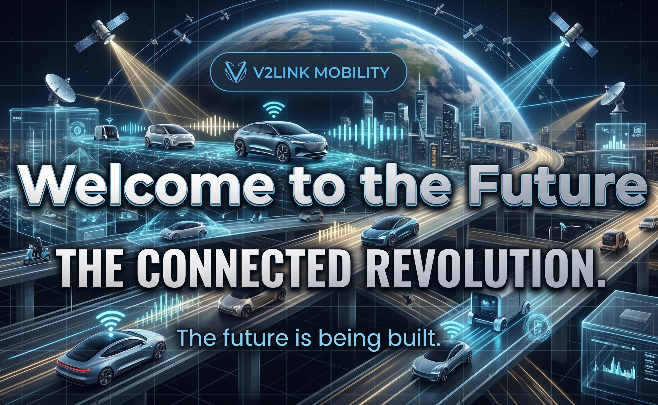 V2Link Mobility — Welcome to the Future. The Connected Revolution. The future is being built. Satellite-linked cars, scooters, and delivery bots moving through a connected smart city.